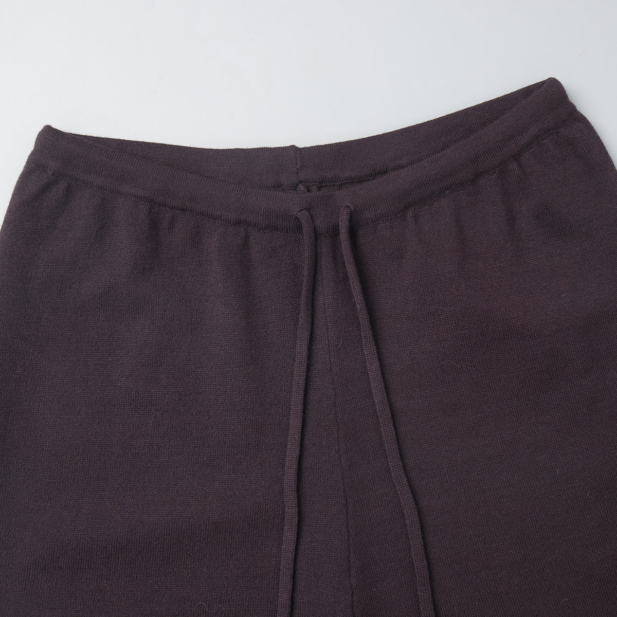 Ribbed Knit Cardigan & Low-Rise Wide-Leg Pants Set in Espresso — close-up of pants waist with tie drawstring