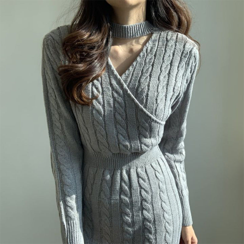Two-Way Cable-Knit Midi Sweater Dress in Blue Gray — front view on model, V-neck side