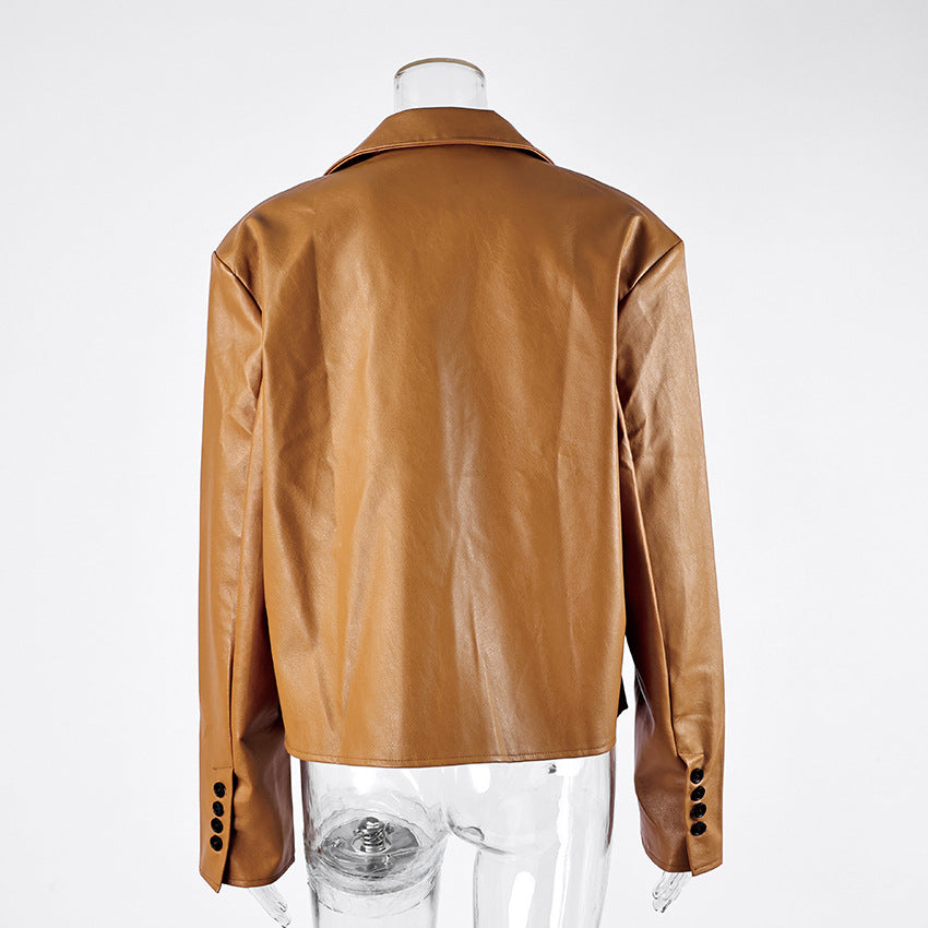 Faux Leather Blazer Jacket with Padded Shoulders in Cognac — back view on mannequin