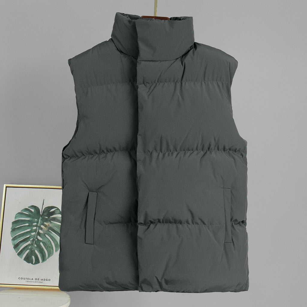 Longline Puffer Vest with High Stand Collar in Charcoal Gray — front view