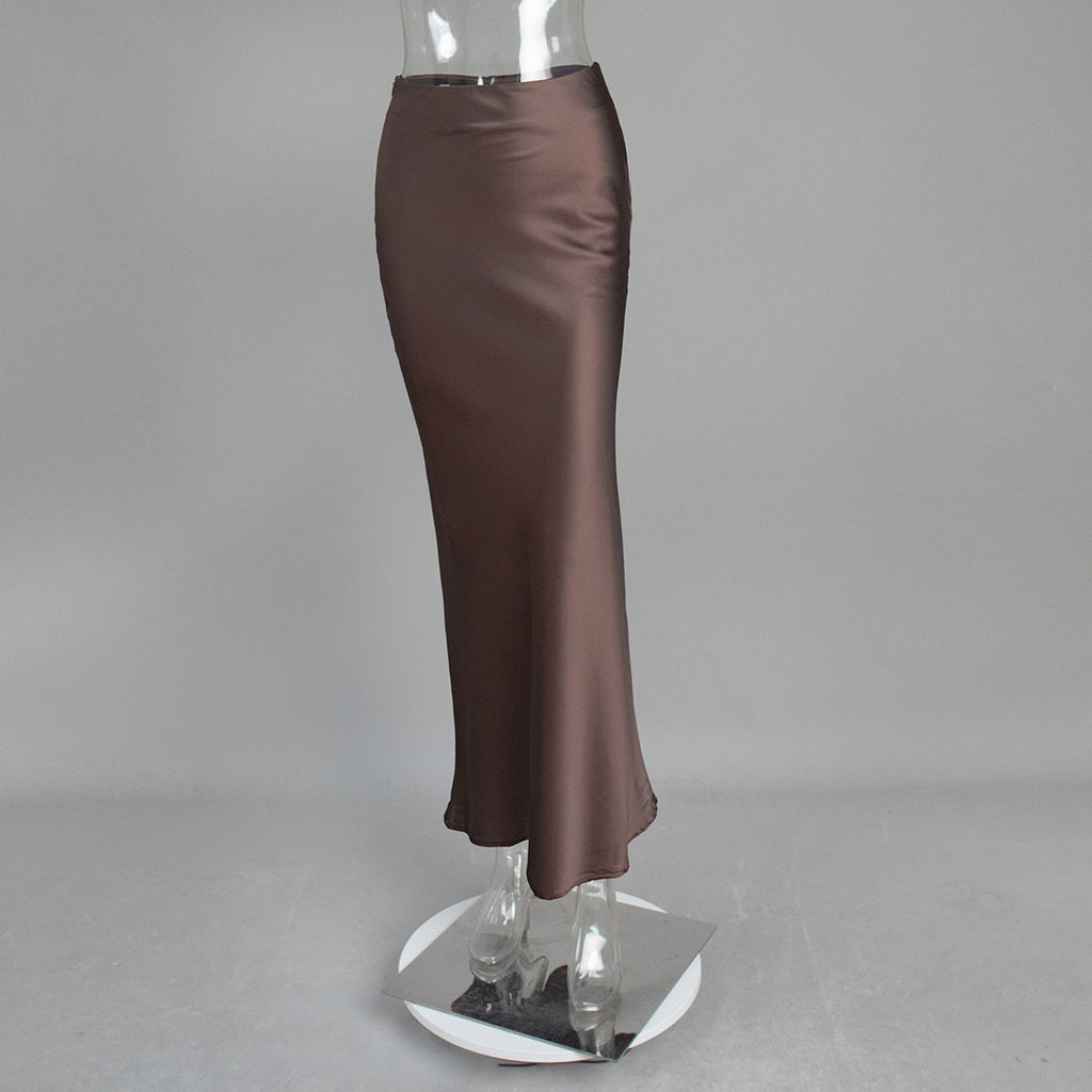 Satin Fishtail Maxi Skirt in Chocolate — front view on mannequin