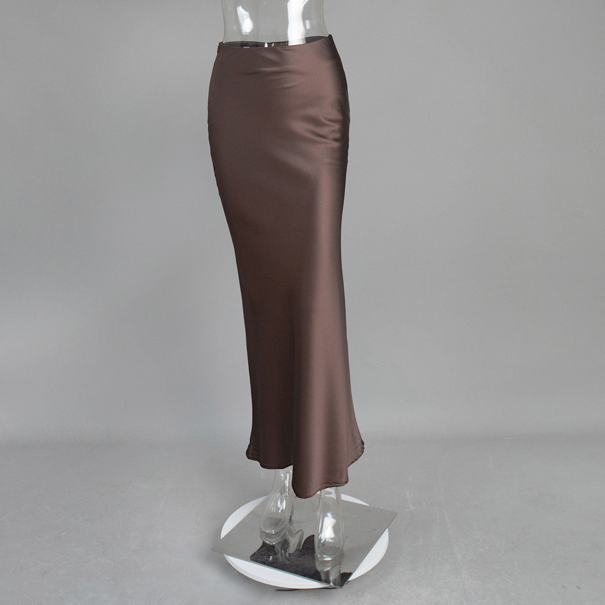 Satin Fishtail Maxi Skirt in Chocolate — front view on mannequin