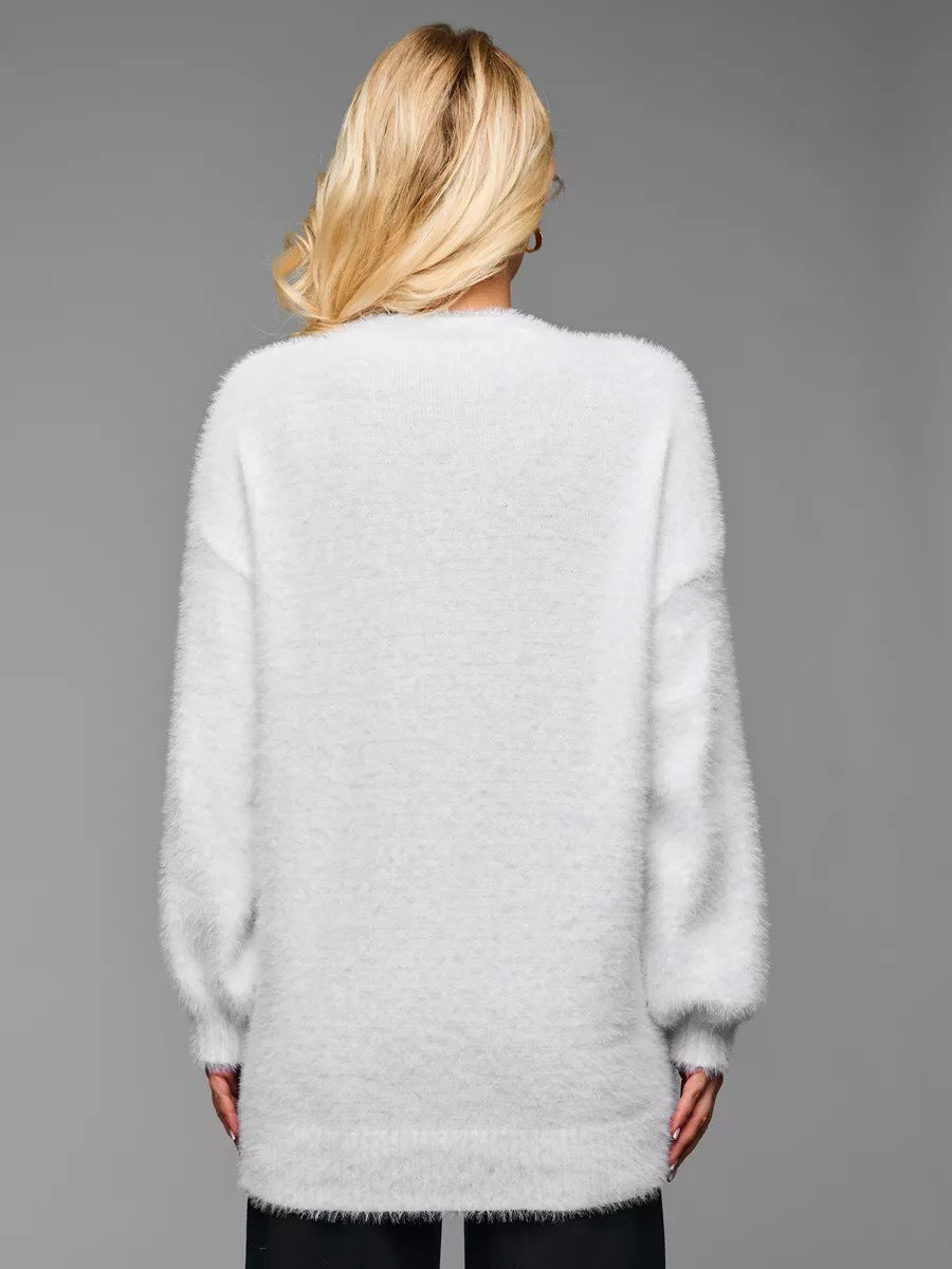 Fuzzy V-Neck Cardigan with Heart Buttons in White — back view