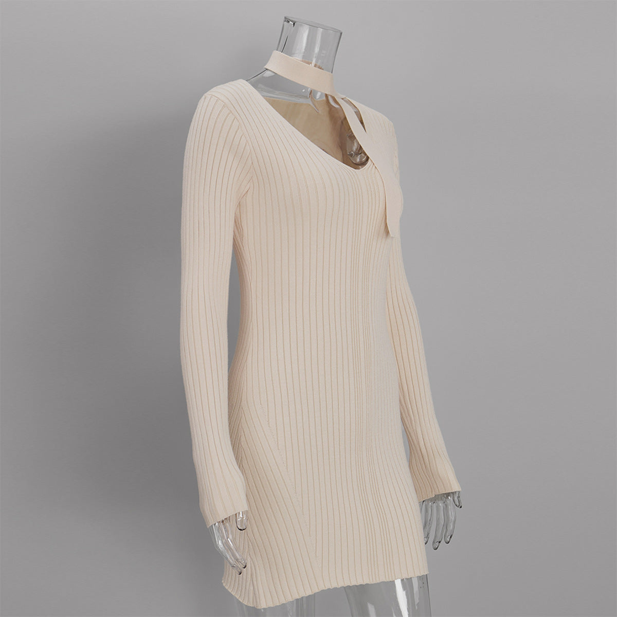 Ribbed V-Neck Knit Mini Dress with Skinny Scarf Tie in Cream — dress front view