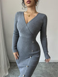 Ribbed Wrap-Look Button Midi Dress in Blue Gray — front view on model