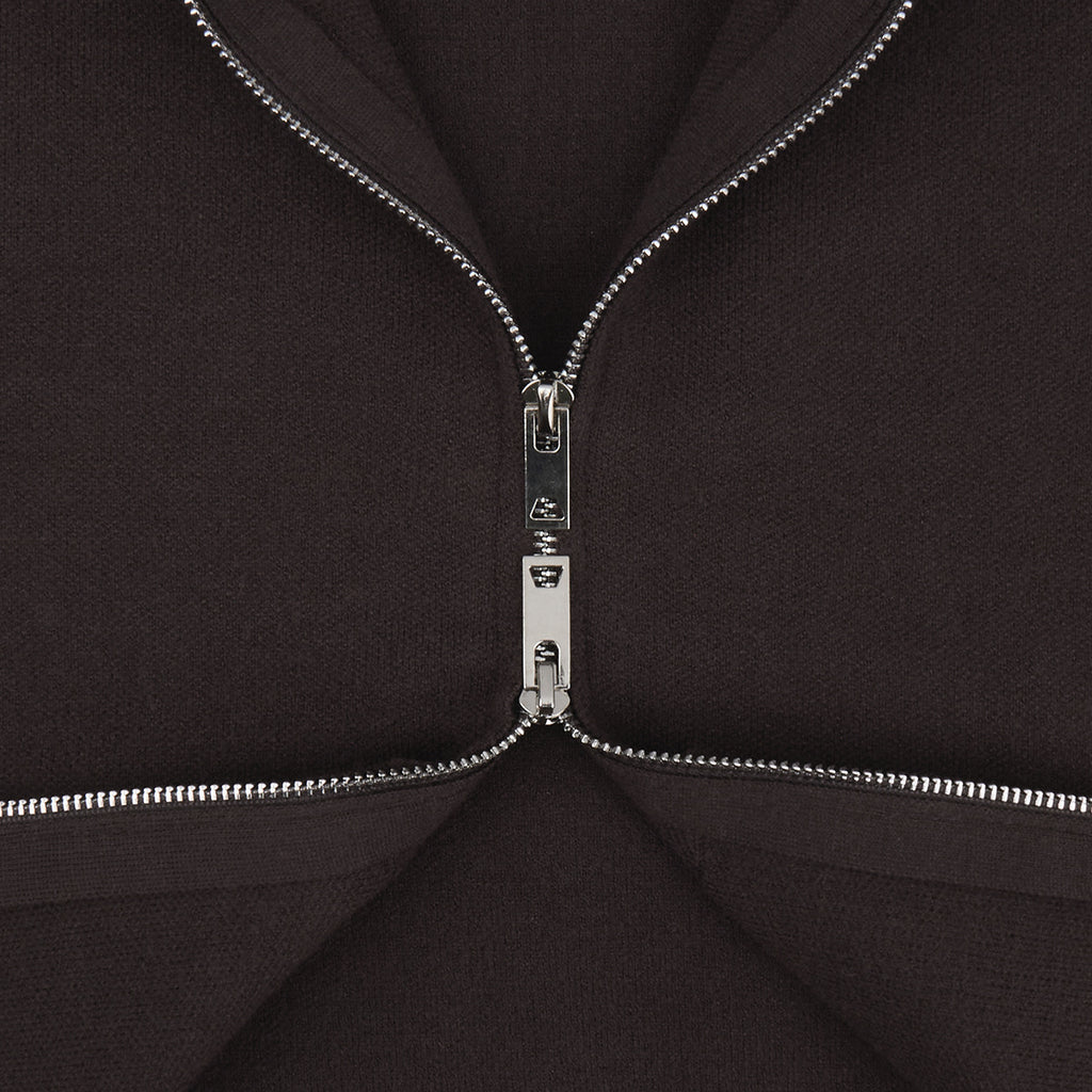Oversized Hooded Zip-Up Knit & Drawstring Wide-Leg Pants Set in Chocolate — close-up of the two-way zipper