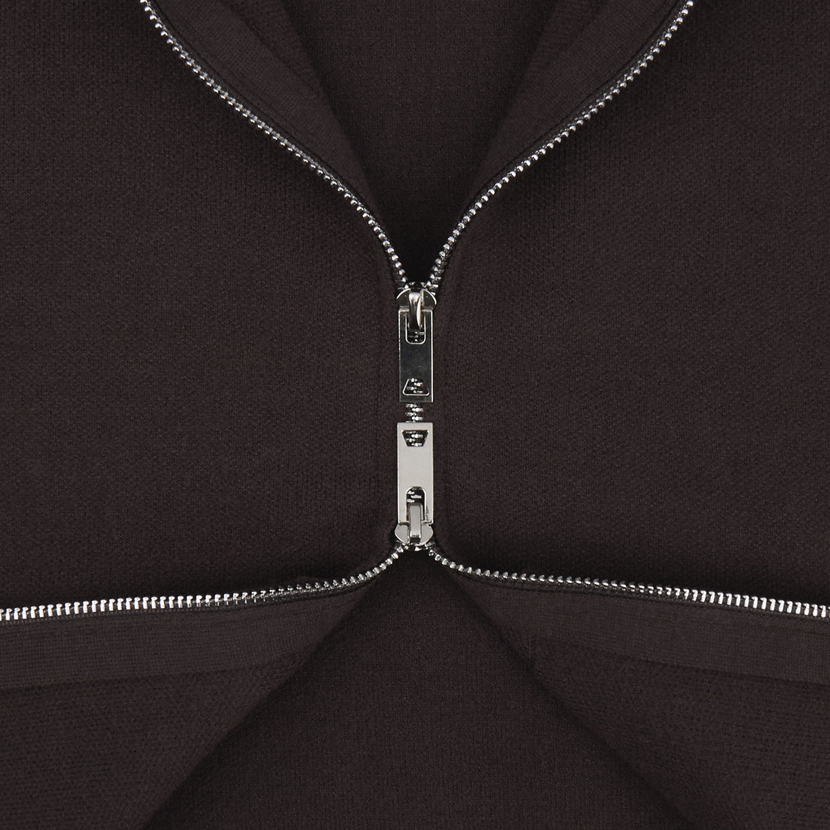 Oversized Hooded Zip-Up Knit & Drawstring Wide-Leg Pants Set in Chocolate — close-up of the two-way zipper