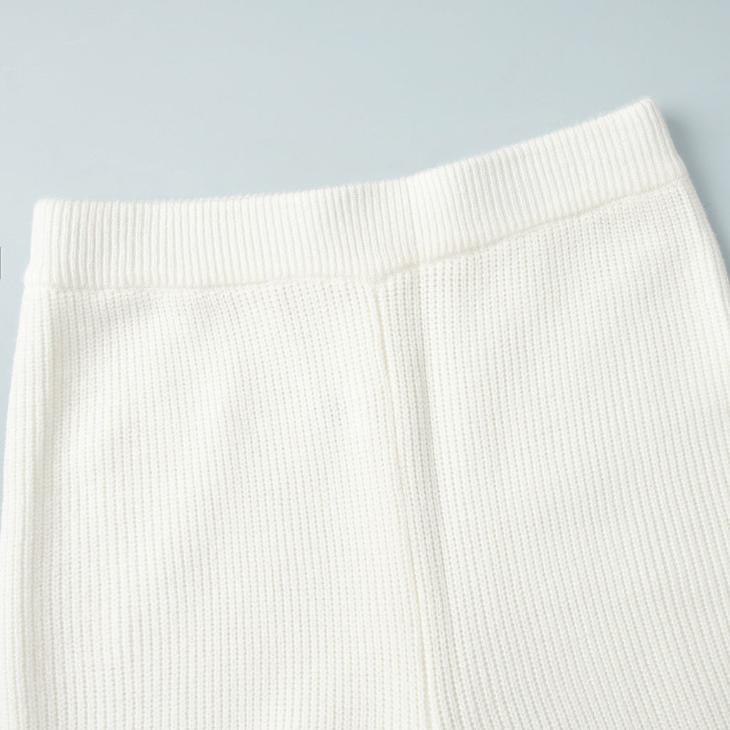 Half-Zip Polo Knit Sweater & Wide-Leg Pants Set in Ivory — close-up of the pants waistband