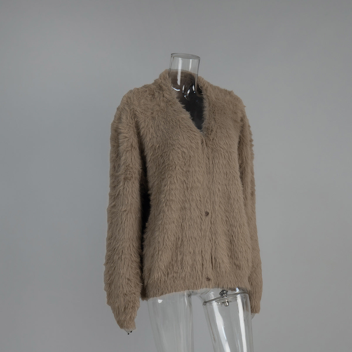 Fuzzy Knit Oversized V-Neck Cardigan in Mocha — front view on mannequin