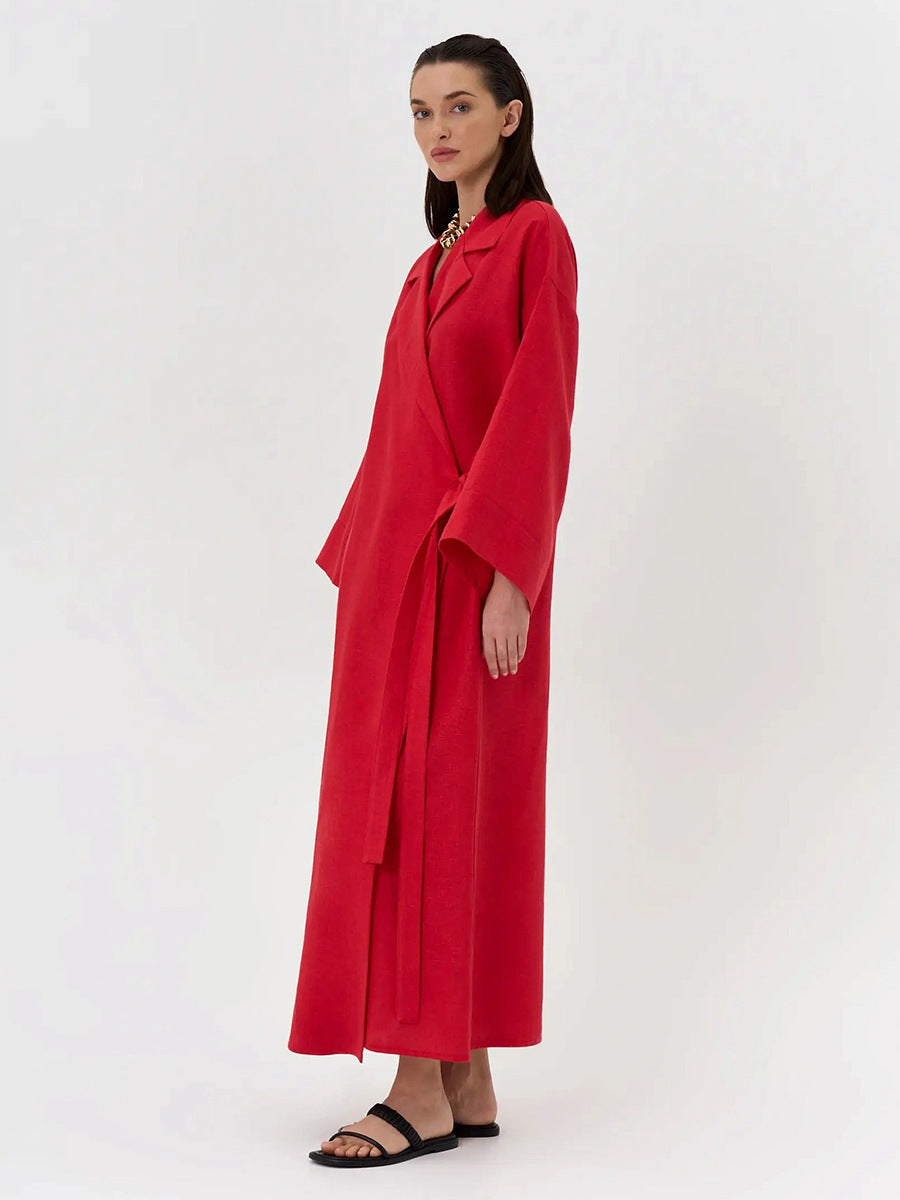 Linen-Blend Long Wrap Duster Dress in Cherry Red — side view on model, studio