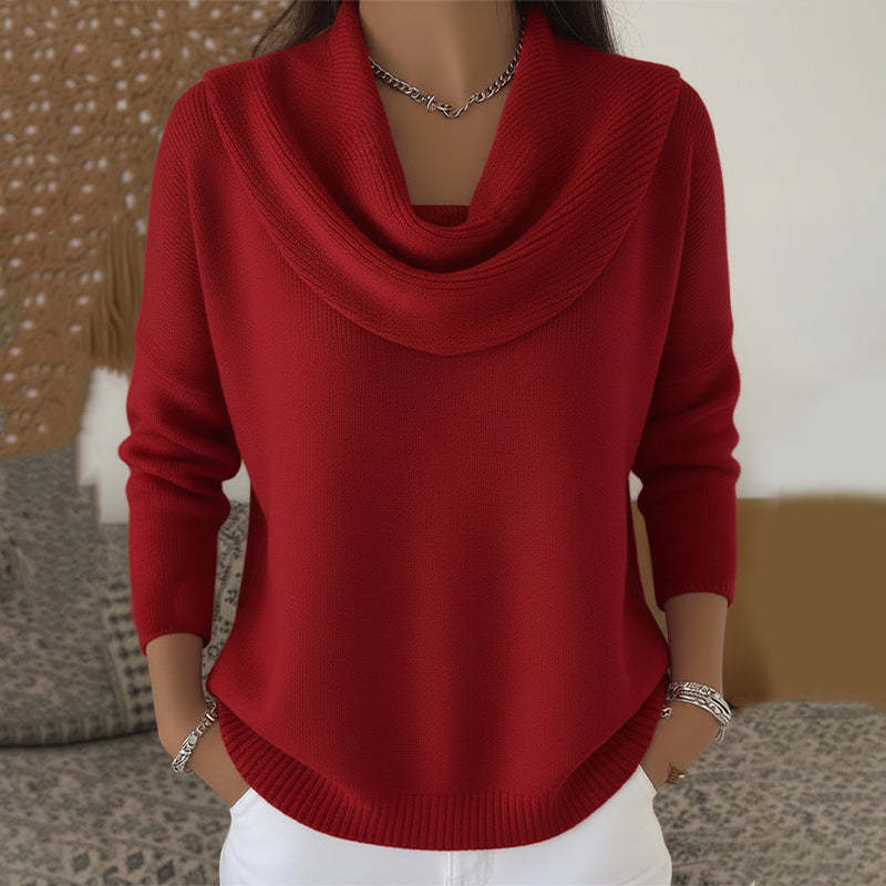 Oversized Cowl-Neck Knit Sweater in Red — front view on model