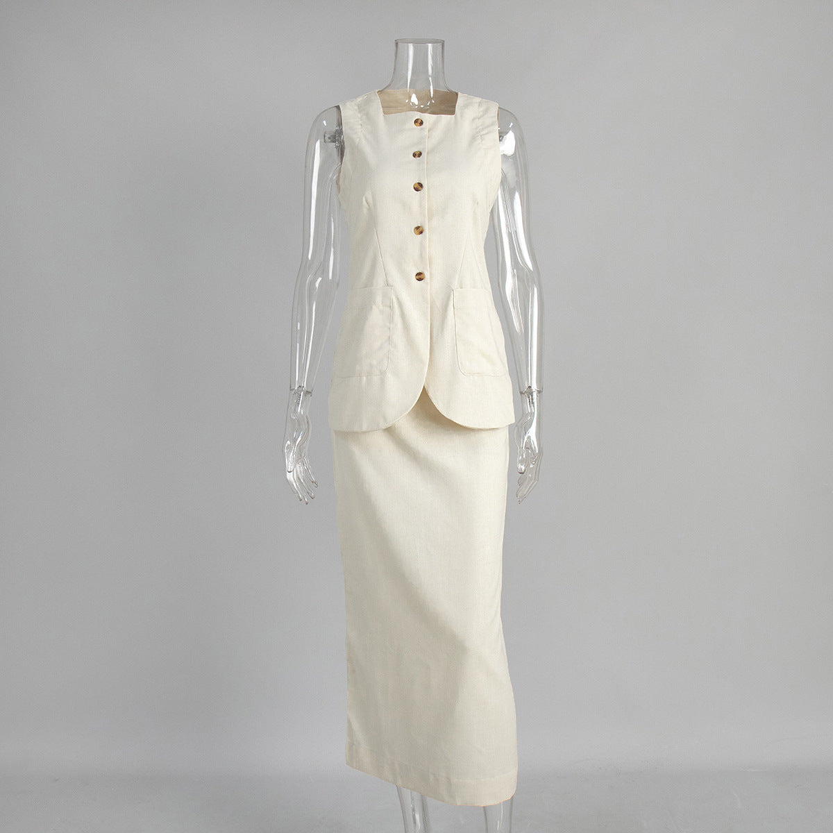 Linen-Blend Vest & Column Maxi Skirt Set in Cream — front view on mannequin