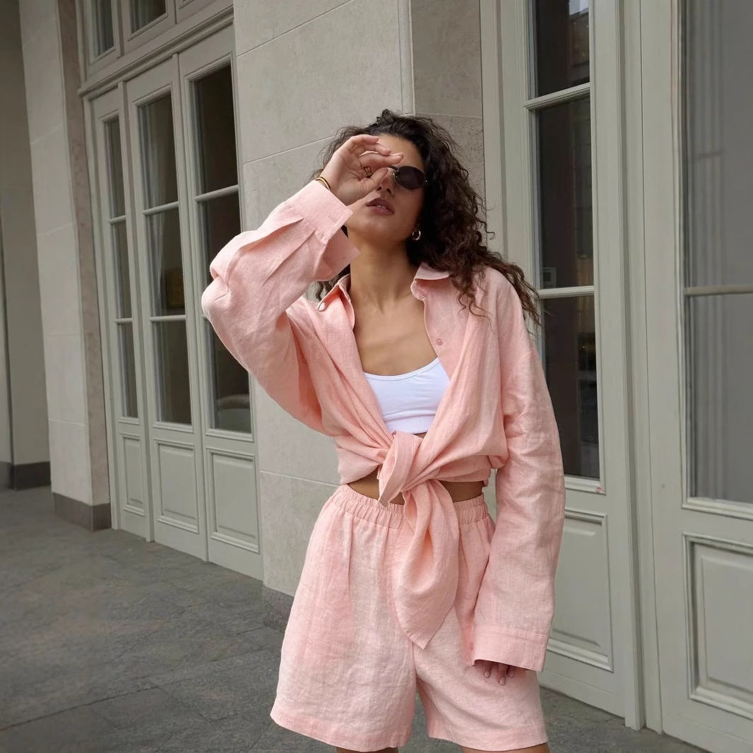 Oversized Cotton Shirt & Elastic-Waist Shorts Set in Soft Peach — front view on model