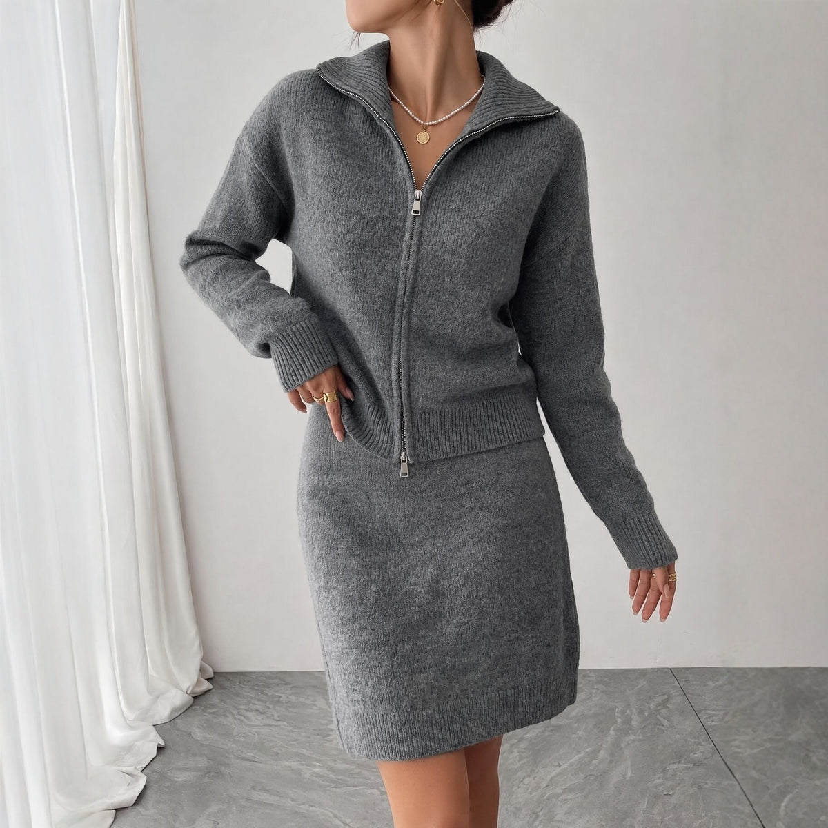 Collared Zip Cardigan and Knit Mini Skirt Set in Heather Gray — on model