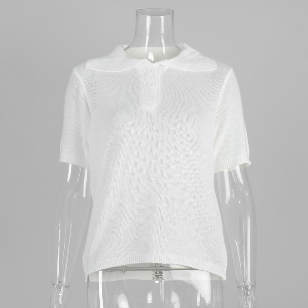 Soft Knit Short Sleeve Polo Top in White — front view on mannequin