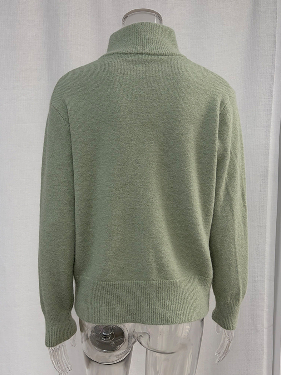 Stand Collar Zip-Up Knit Cardigan & Midi Skirt Set in Sage Green — cardigan back view