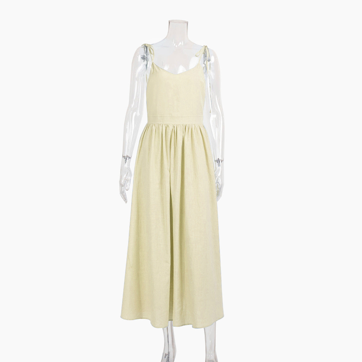 Tie-Shoulder Open-Back Cotton Maxi Dress in Butter Cream — front view on mannequin
