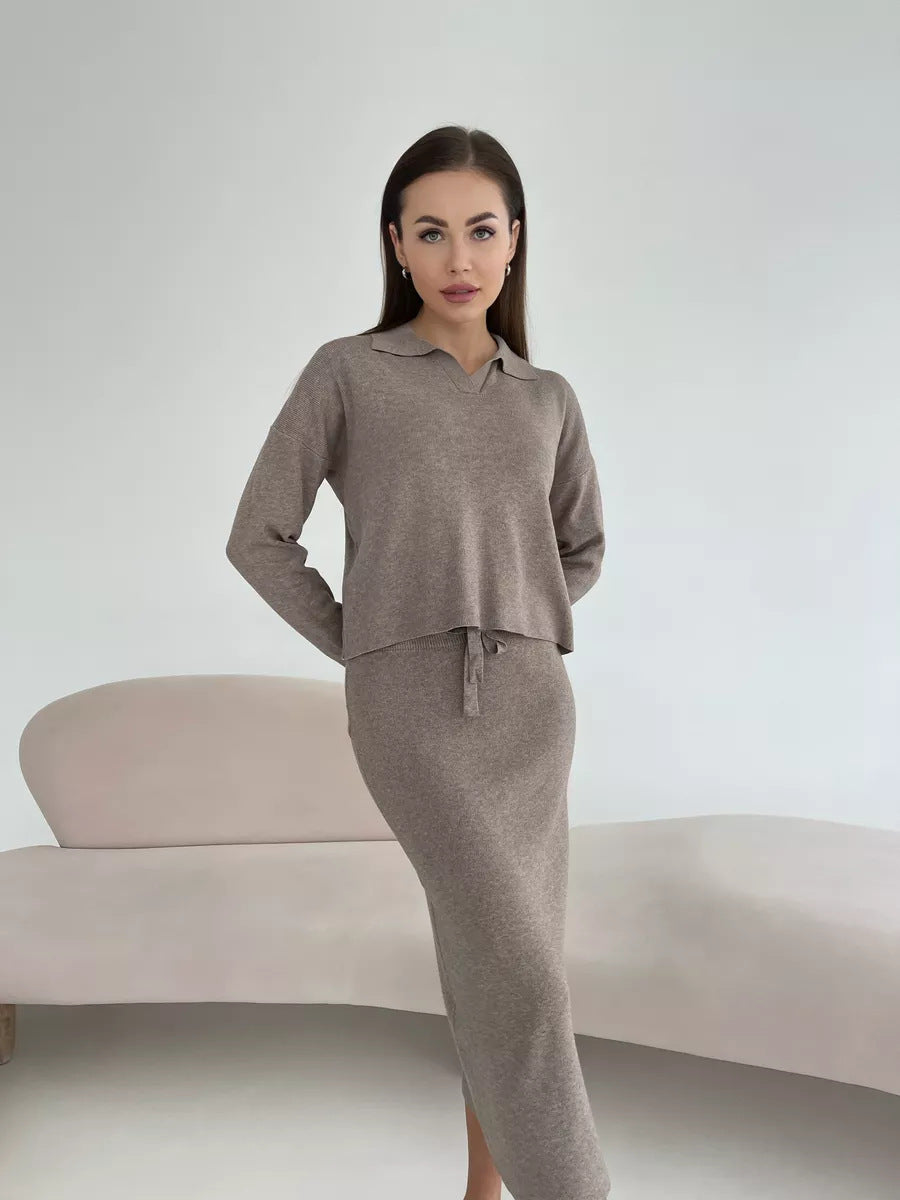 Polo-Collar Knit Sweater and Drawstring Midi Skirt Set in Taupe — front view of the sweater and skirt on model