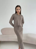 Polo-Collar Knit Sweater and Drawstring Midi Skirt Set in Taupe — front view of the sweater and skirt on model