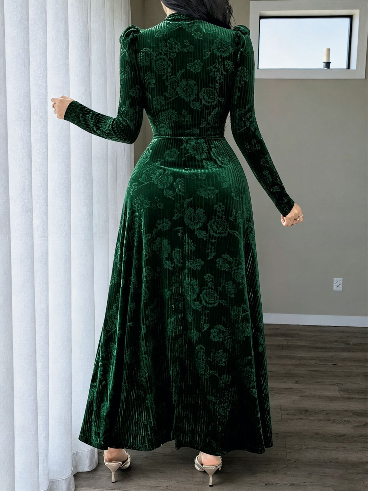 Plus-Size Floral Velvet Maxi Dress with Twist Waist in Emerald — back view on model