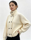 Double-Breasted Stand-Collar Knit Cardigan in Ivory — front view on model