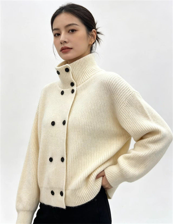 Double-Breasted Stand-Collar Knit Cardigan in Ivory — front view on model