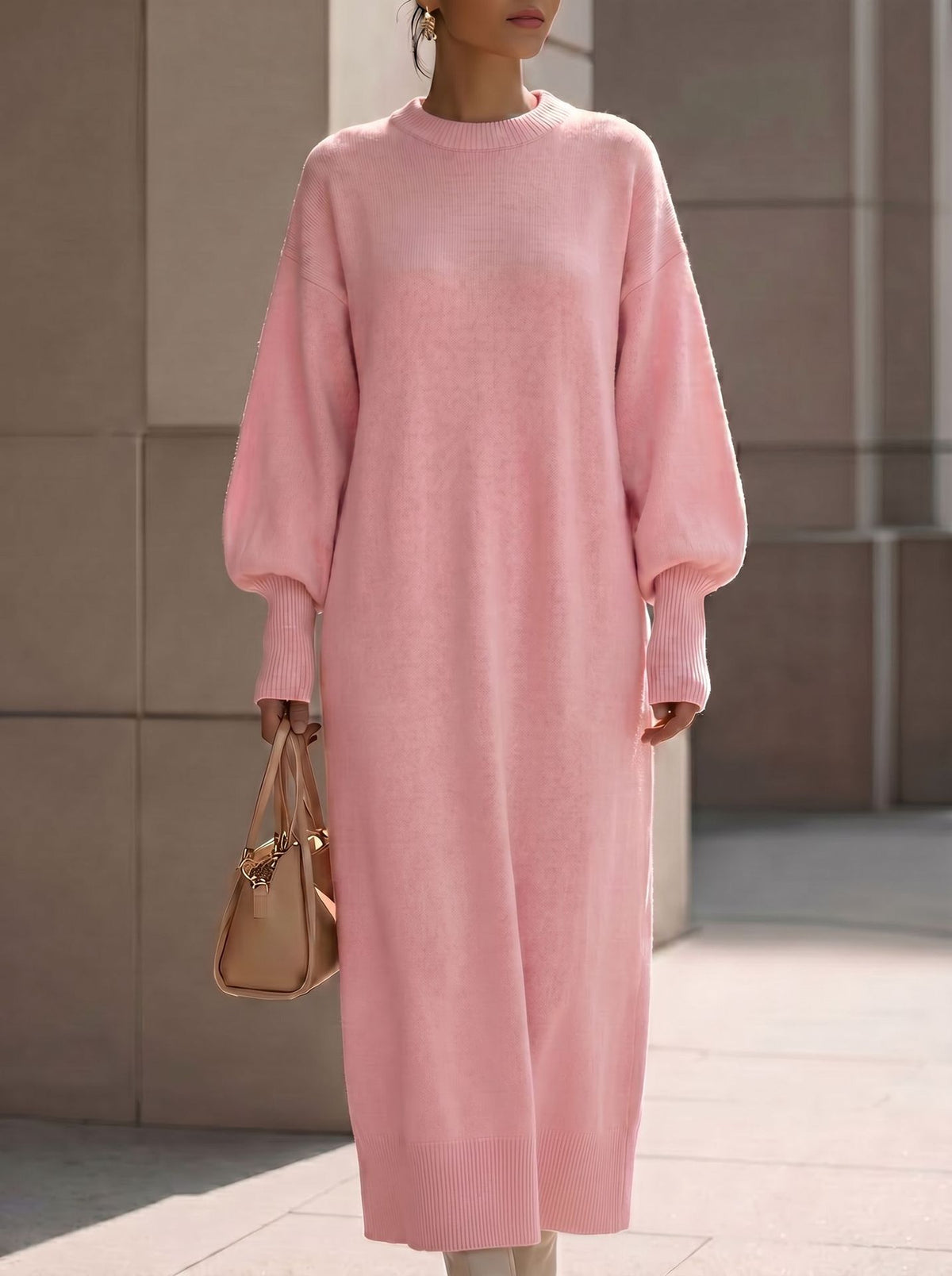 Balloon-Sleeve Knit Maxi Sweater Dress in Pink — full-length view on model