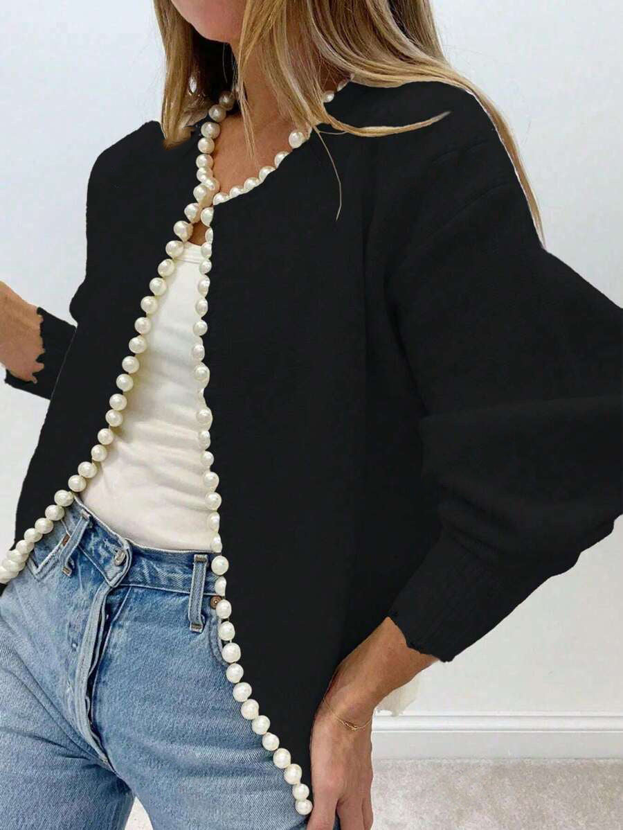 Pearl-Trim Frayed-Edge Knit Cardigan in Black — front view on model