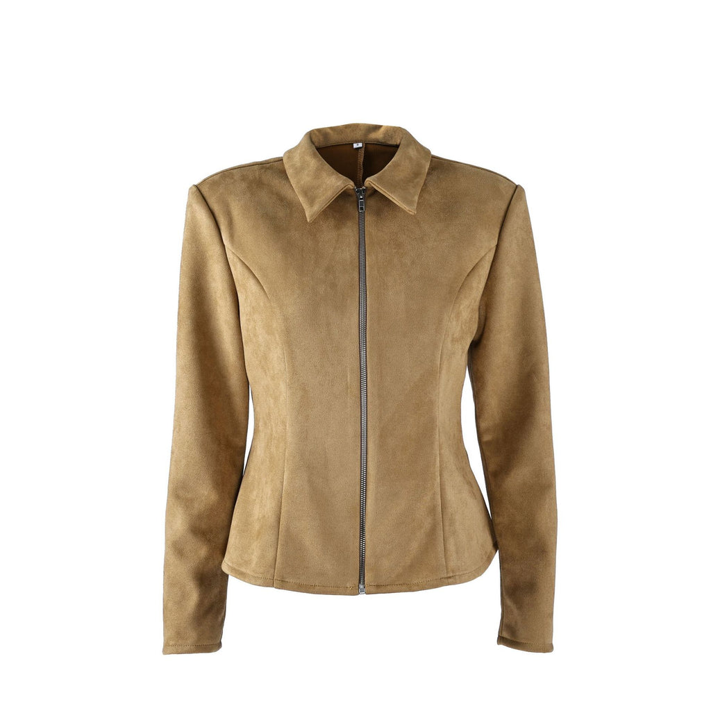 Fitted Faux Suede Zip Jacket with Peplum Hem in Camel — front view, laid flat