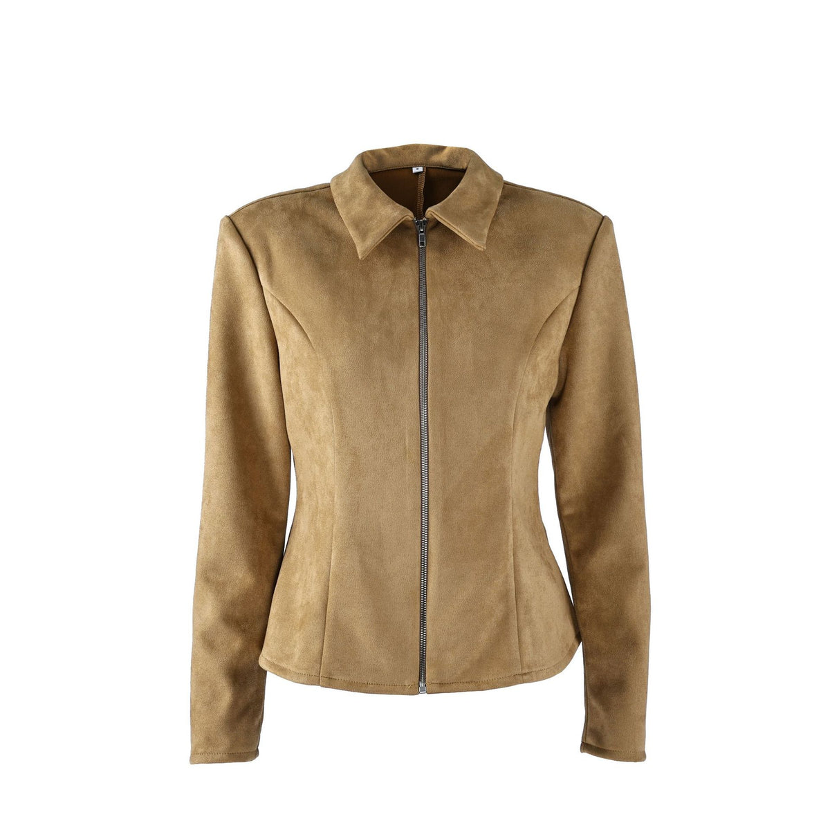 Fitted Faux Suede Zip Jacket with Peplum Hem in Camel — front view, laid flat