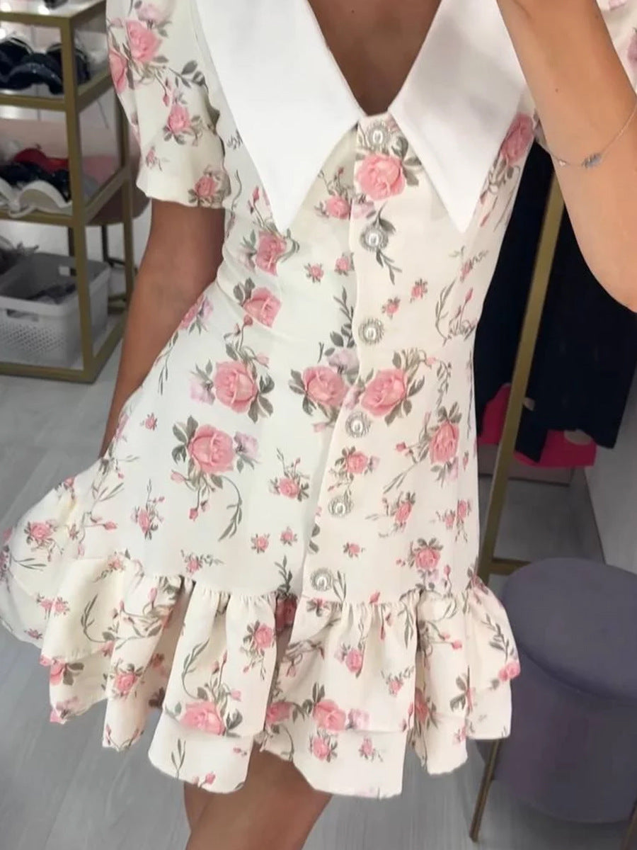 Floral Puff-Sleeve Mini Dress with Contrast Collar in Cream Floral — back lace-up detail on model