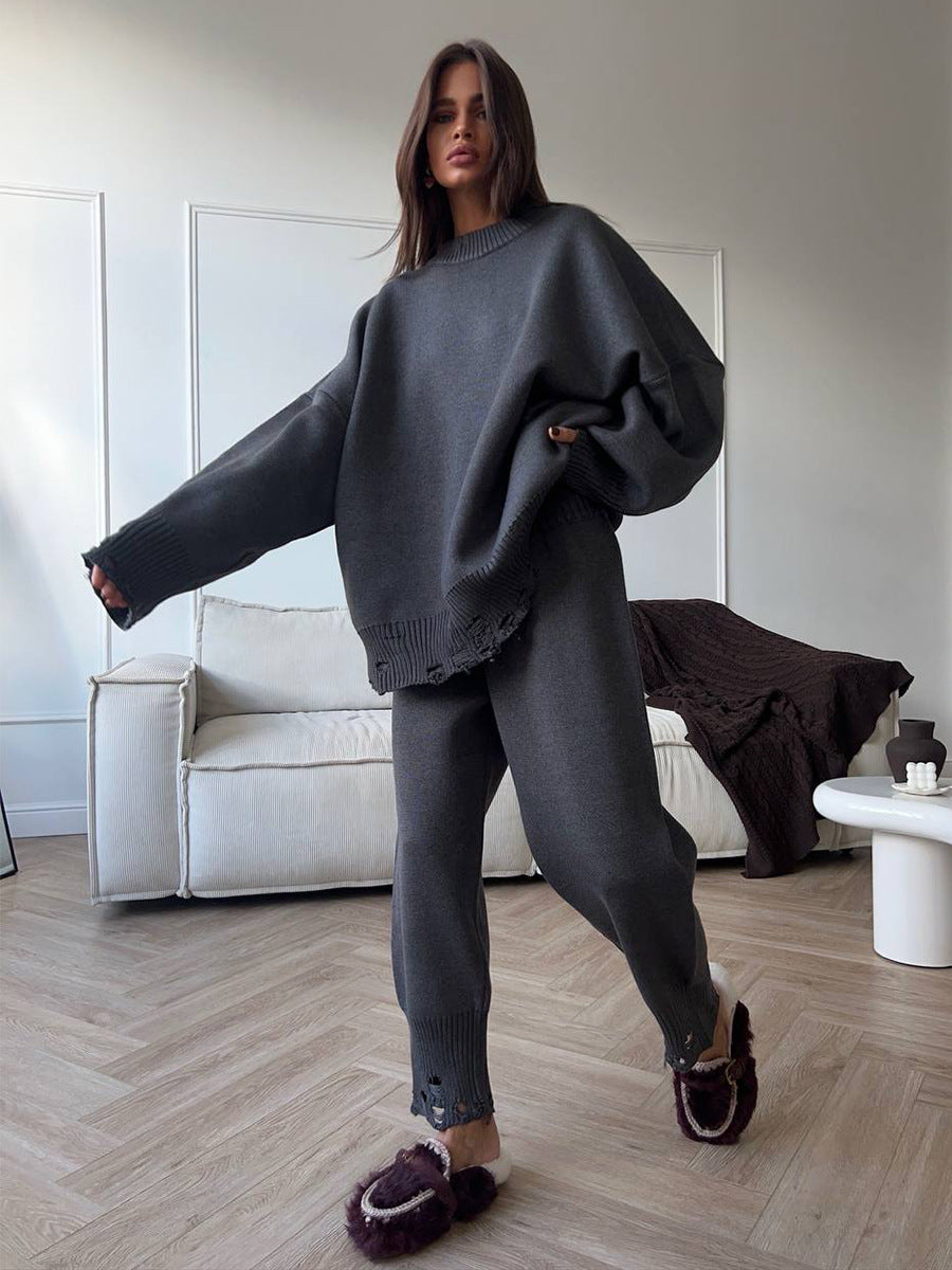 Distressed-Hem Oversized Knit Sweater & Jogger Set in Charcoal — full-length view on model