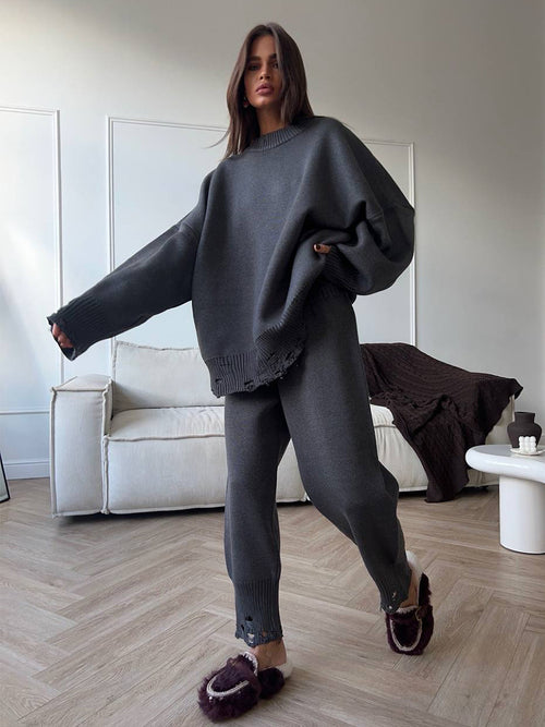 Distressed-Hem Oversized Knit Sweater & Jogger Set in Charcoal — full-length view on model