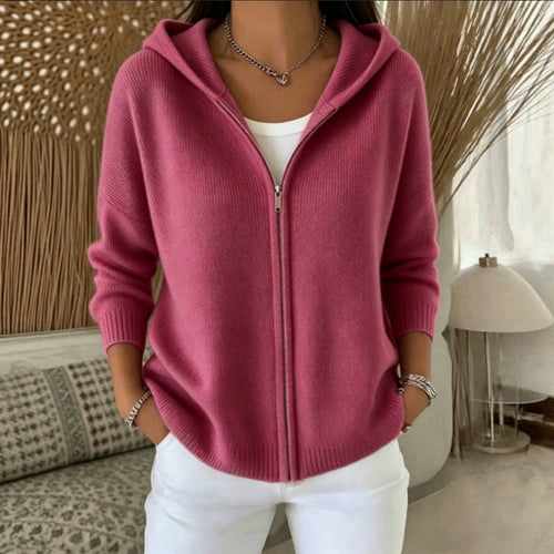 Zip-Up Knit Hoodie Cardigan in Raspberry — front view on model