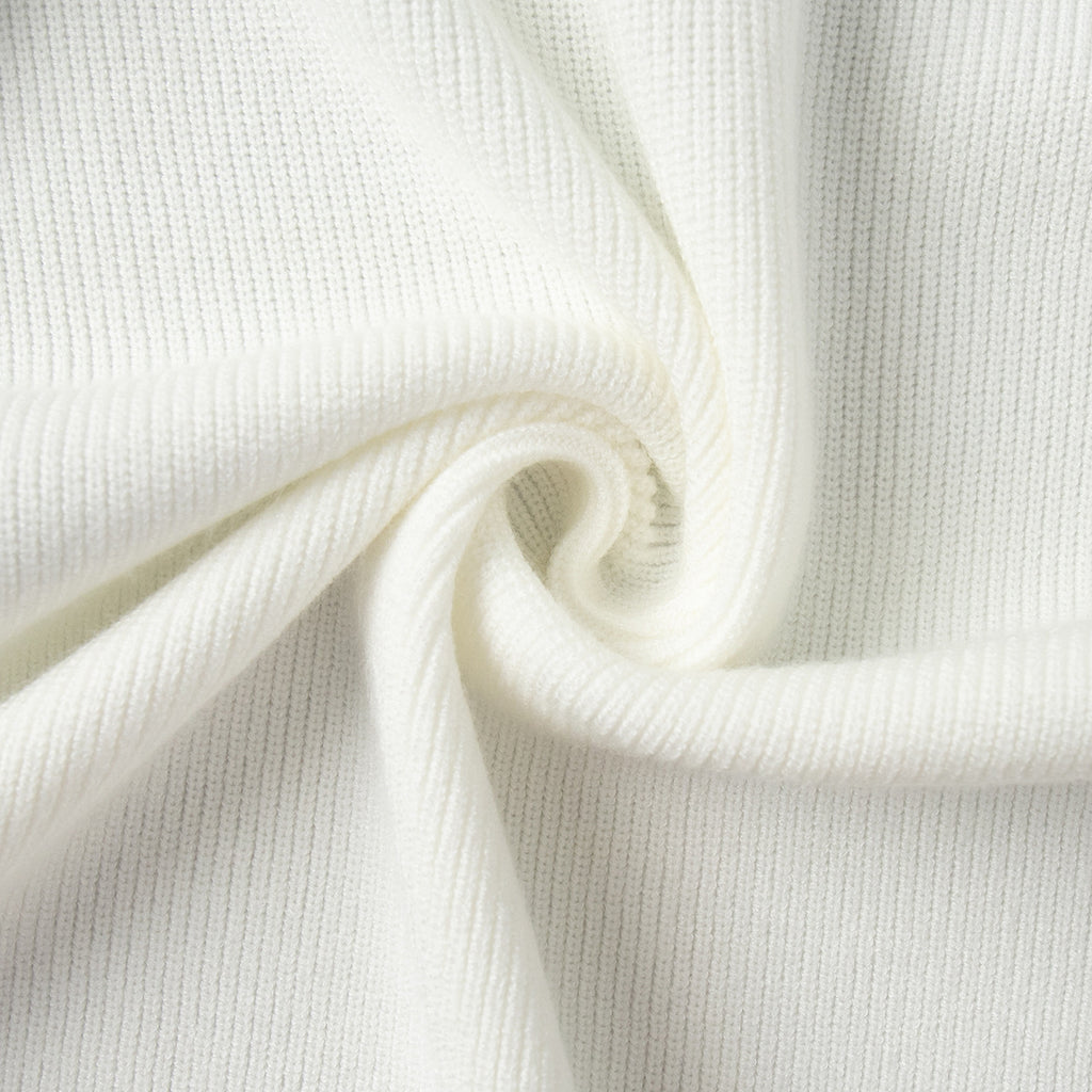 Wide-Collar Zip-Up Knit Cardigan & Wide-Leg Pants Set in Ivory — rib knit close-up