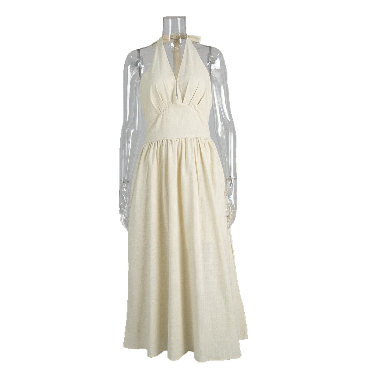 Cotton Halter V-Neck Maxi Dress in Apricot Cream — front view on mannequin