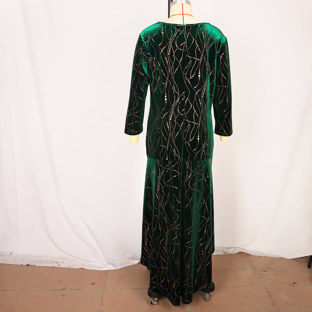 Plus-Size Velvet Mermaid Dress with High-Low Hem in Green — back view on mannequin