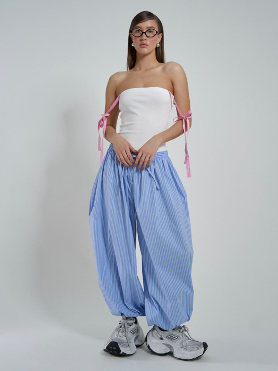 Striped Balloon Harem Pants in Blue Stripe — studio front view