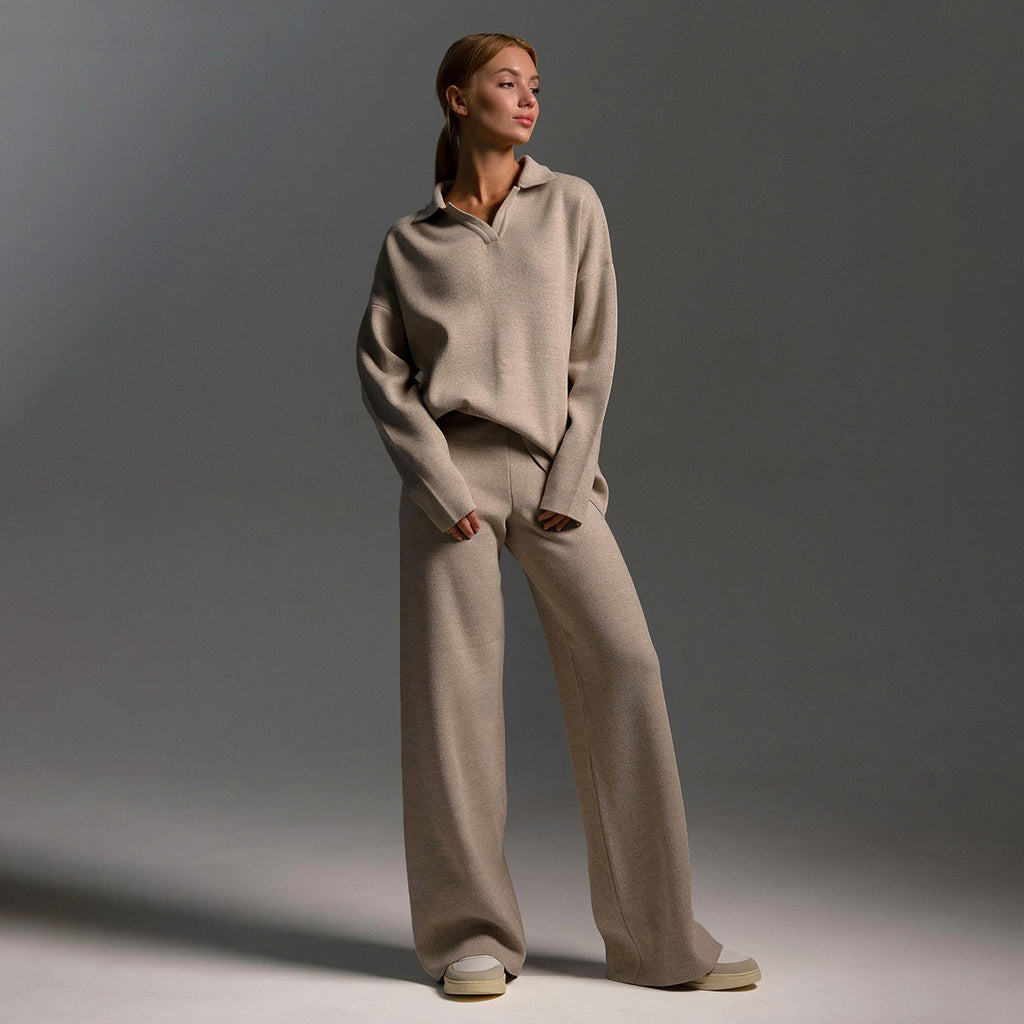 Polo Collar Knit Sweater & Wide-Leg Pants Set in Stone — set worn on model, full length