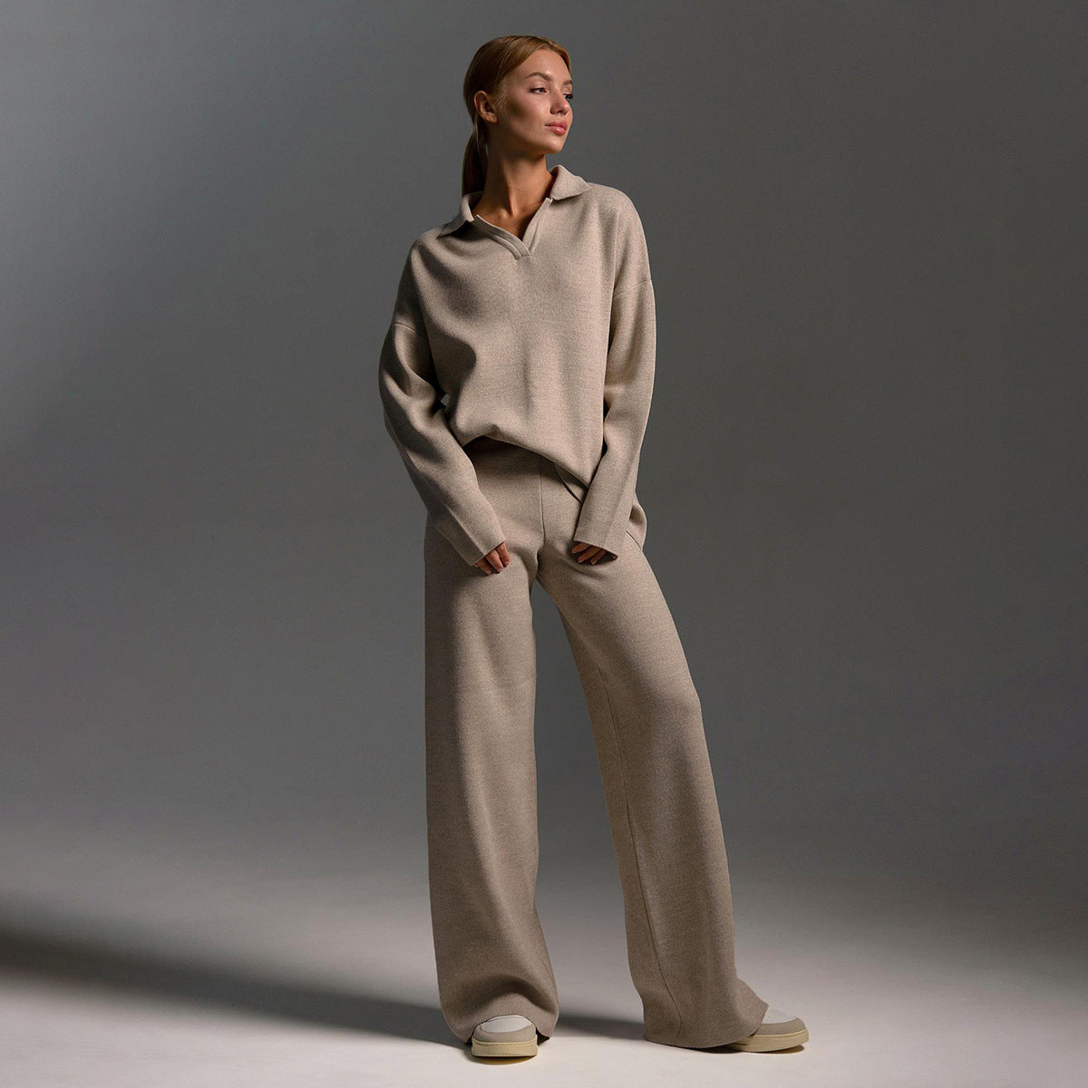 Polo Collar Knit Sweater & Wide-Leg Pants Set in Stone — set worn on model, full length