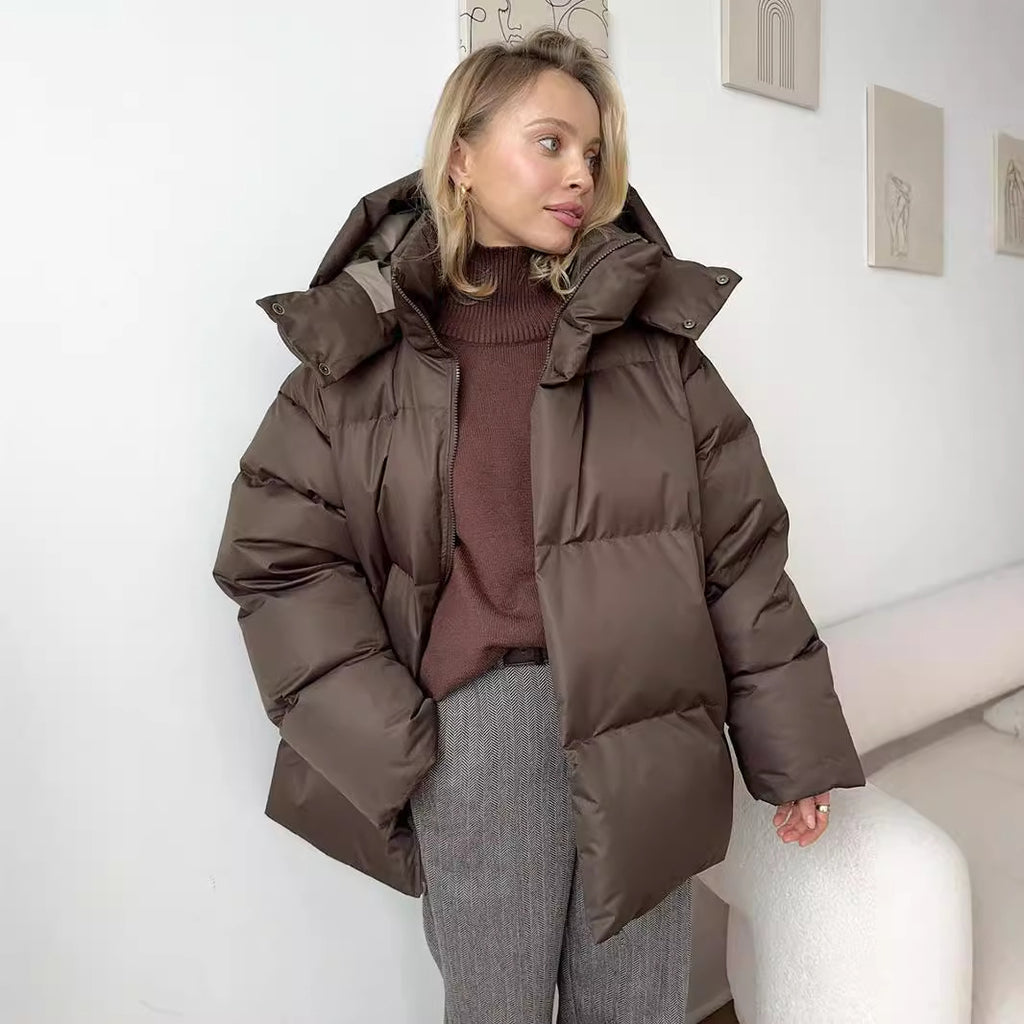 Matte Oversized Hooded Puffer Jacket in Dark Brown — on model