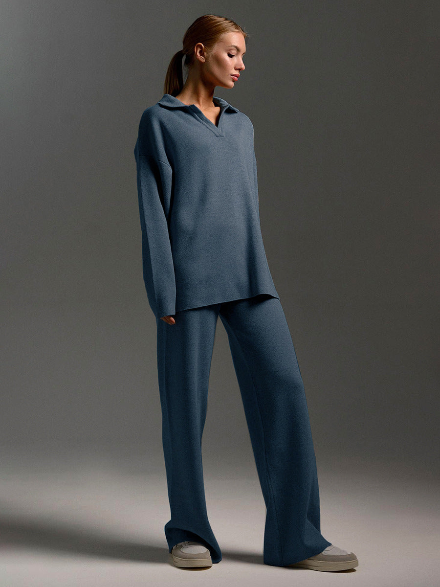 Polo Collar Knit Sweater & Wide-Leg Pants Set in Slate Blue — front view on model