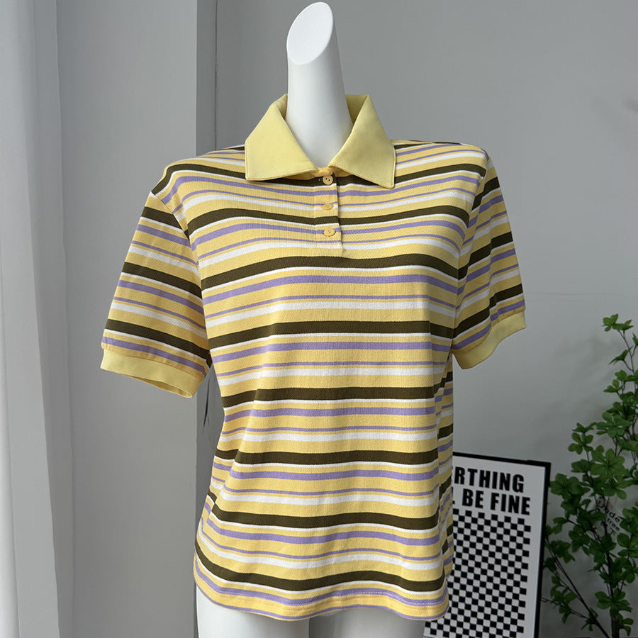 Contrast Stripe Cotton Polo Shirt in Yellow Stripe — front view of garment