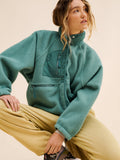 Cropped Sherpa Fleece Jacket with Stand Collar in Teal — front view on model