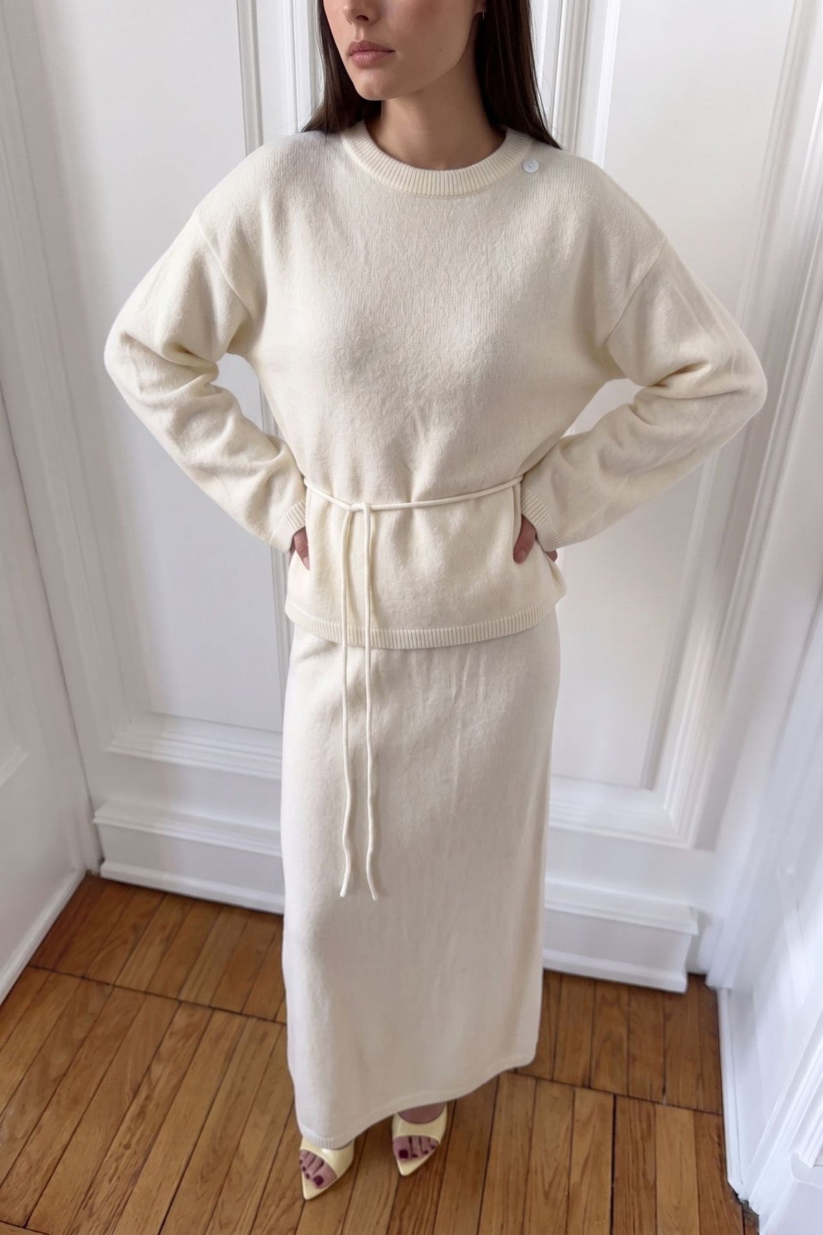 Relaxed Knit Sweater & Maxi Skirt Set with Tie Belt in Ivory — full-length front view on model
