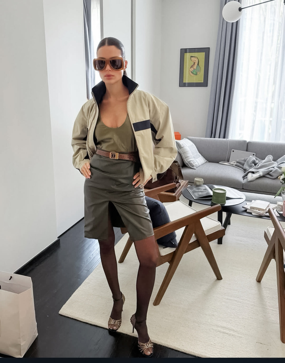 Contrast-Stripe Stand-Collar Track Jacket in Stone — full-length view on model with a skirt