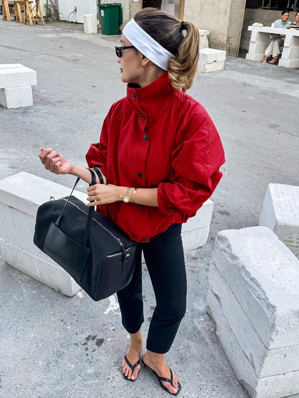 Button-Placket Stand-Collar Jacket with Elastic Cuffs in Red — full-length side view on model