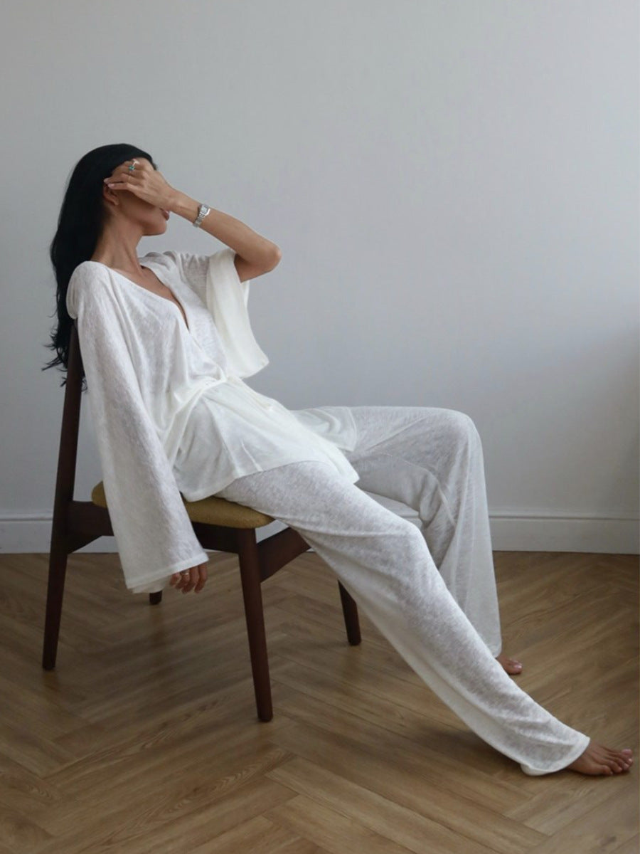 Wrap Tie Top & Wide-Leg Lounge Pants Set in White — on model