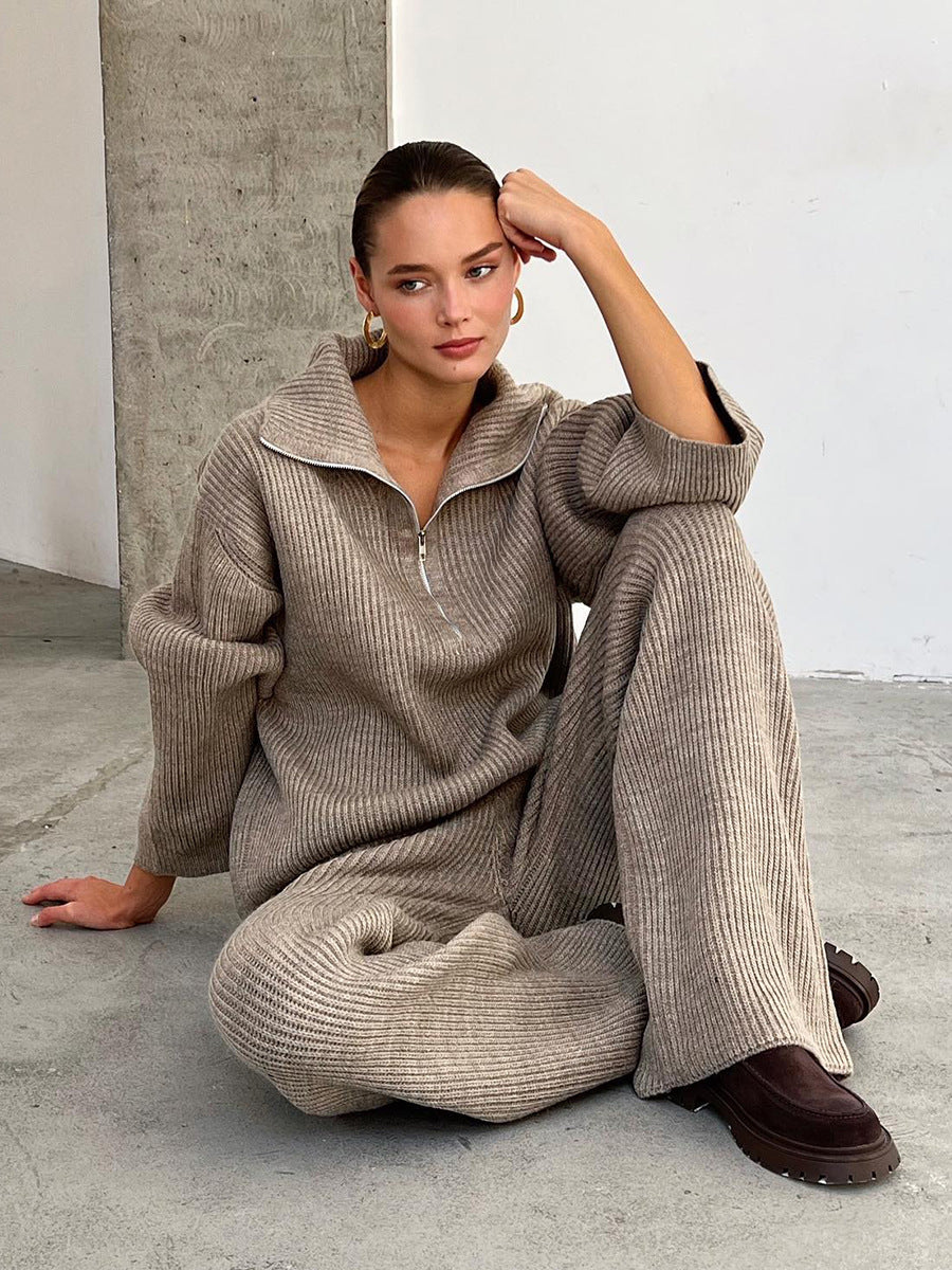 Half-Zip Polo Knit Sweater & Wide-Leg Pants Set in Taupe — seated view on model