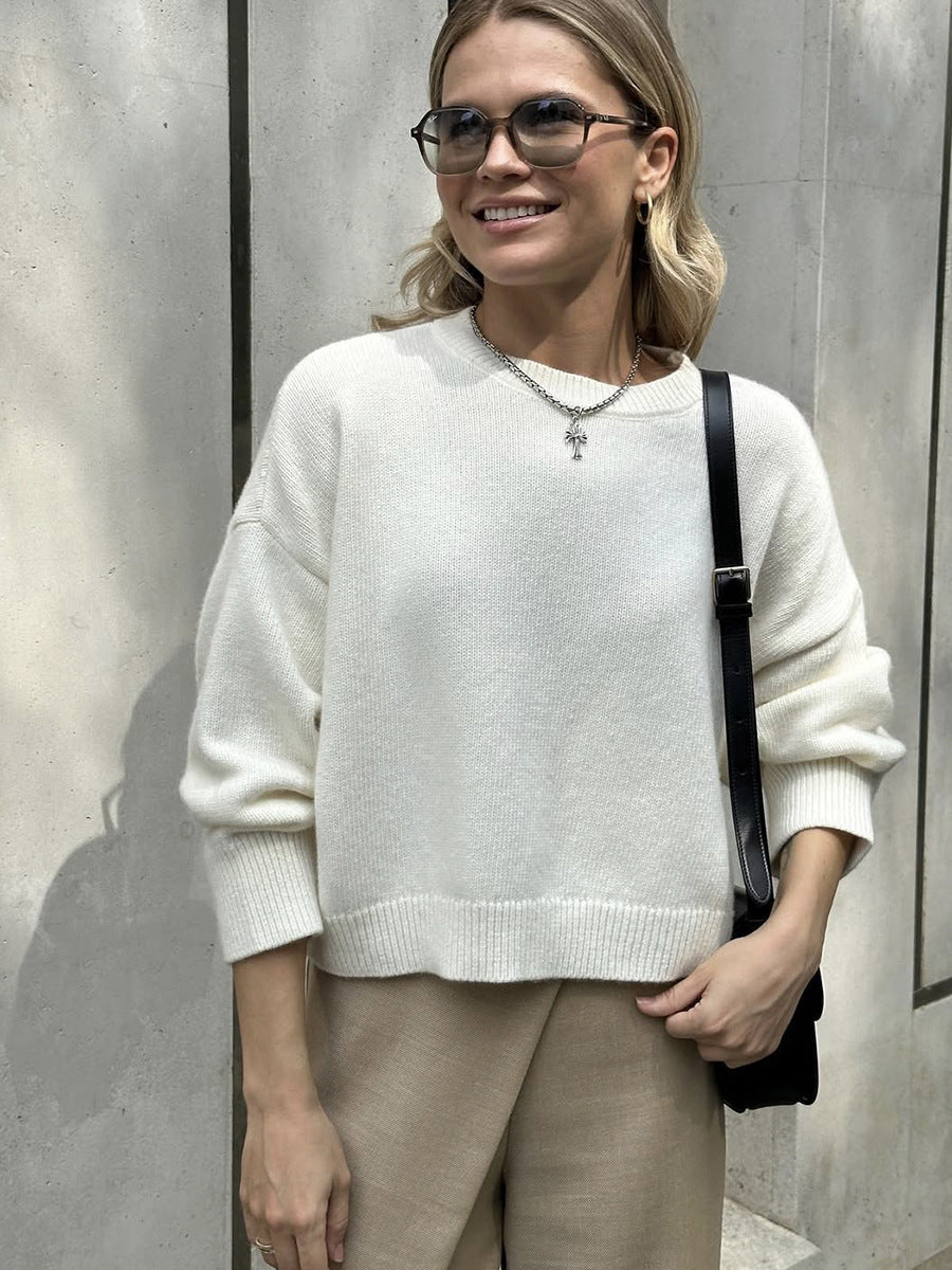 Boxy Crew Neck Sweater with Ribbed Edges in Ivory — front view on model or garment